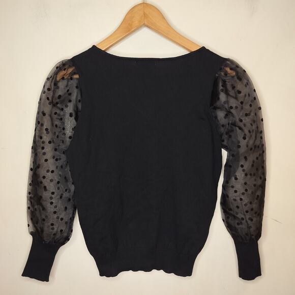 Ophelia Row Sweater Sheer Polka Dot Sleeve V Neck - Picture 7 of 8